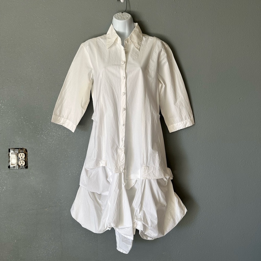 Zachi dress with uneven flare and gathered-look buttons